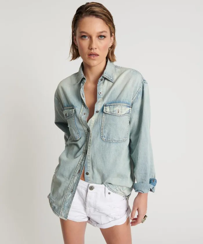 Women One Teaspoon Denim Shirts KANSAS EVERYDAY DENIM SHIRT