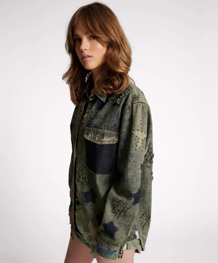 Women One Teaspoon Denim Shirts PETROL GREEN STAR EVERYDAY SHIRT Women One Teaspoon Denim Shirts PETROL GREEN STAR EVERYDAY SHIRT