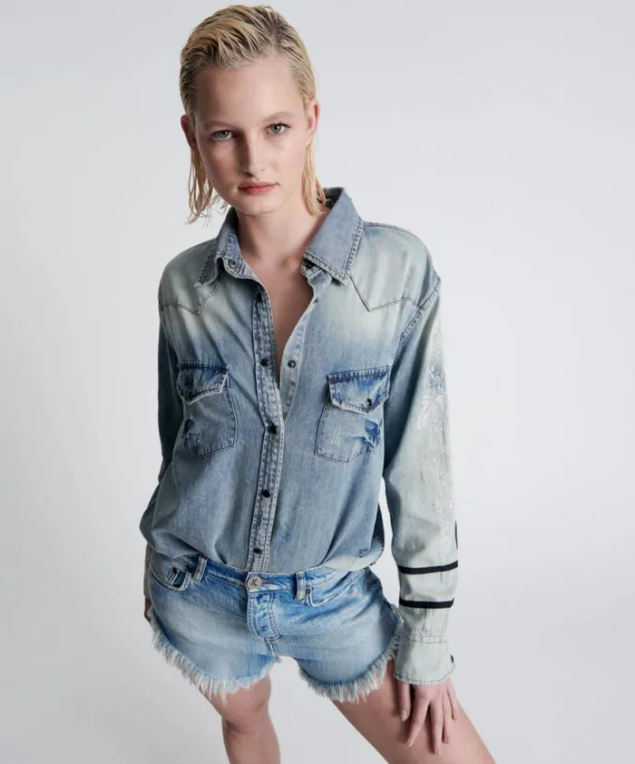 Women One Teaspoon Denim Shirts WOLFGANG EMBROIDERED WESTERN SHIRT