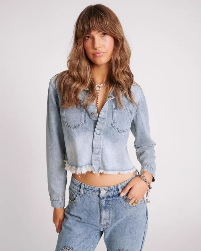 Women One Teaspoon Denim Tops BLUE BLOSSOM LONG SLEEVE DENIM BRAXTON TOP