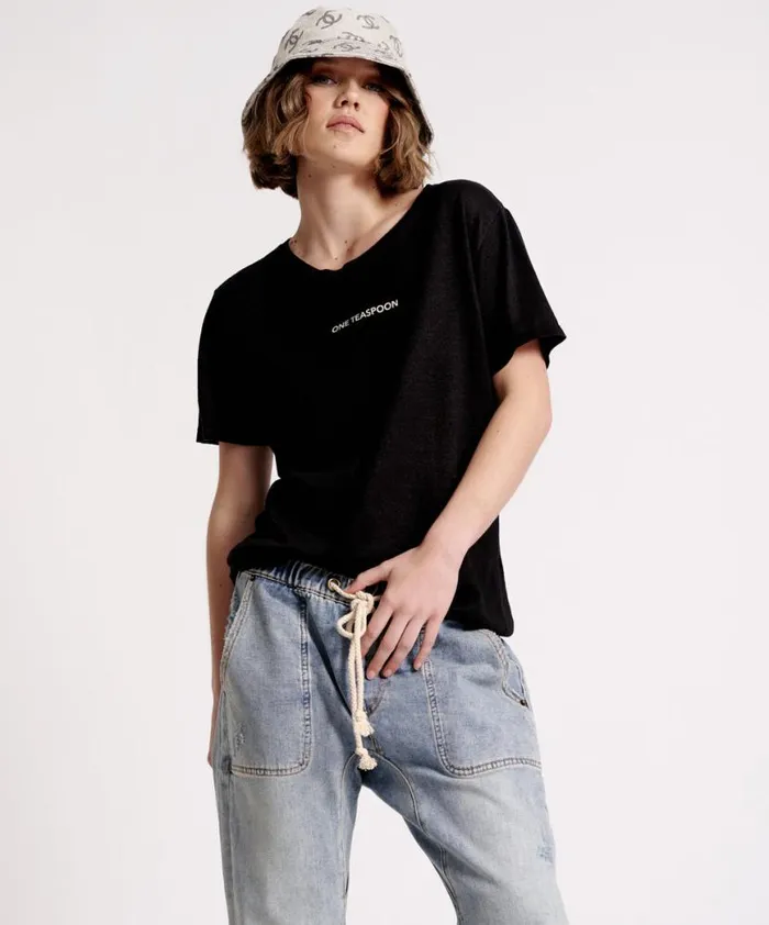 Women One Teaspoon Graphic Tees ONE TEASPOON LINEN WIDE NECK TEE BLACK