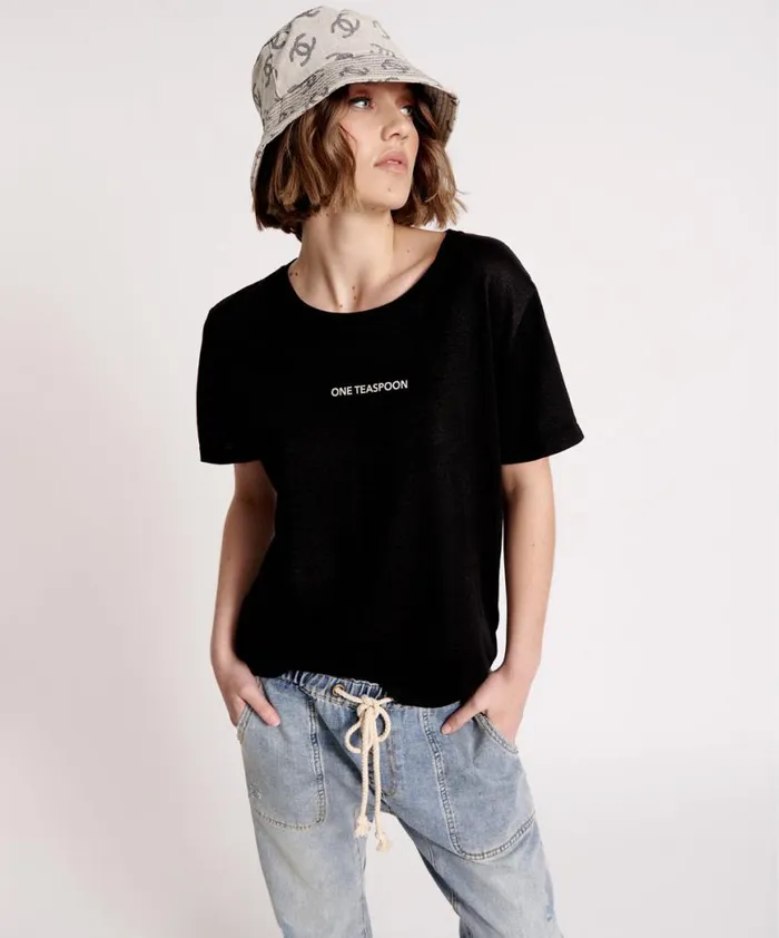 Women One Teaspoon Graphic Tees ONE TEASPOON LINEN WIDE NECK TEE BLACK Women One Teaspoon Graphic Tees ONE TEASPOON LINEN WIDE NECK TEE BLACK