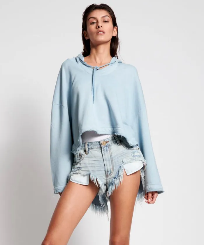 Women One Teaspoon Hoodies And Sweats ASH BLUE CROPPED HOODY