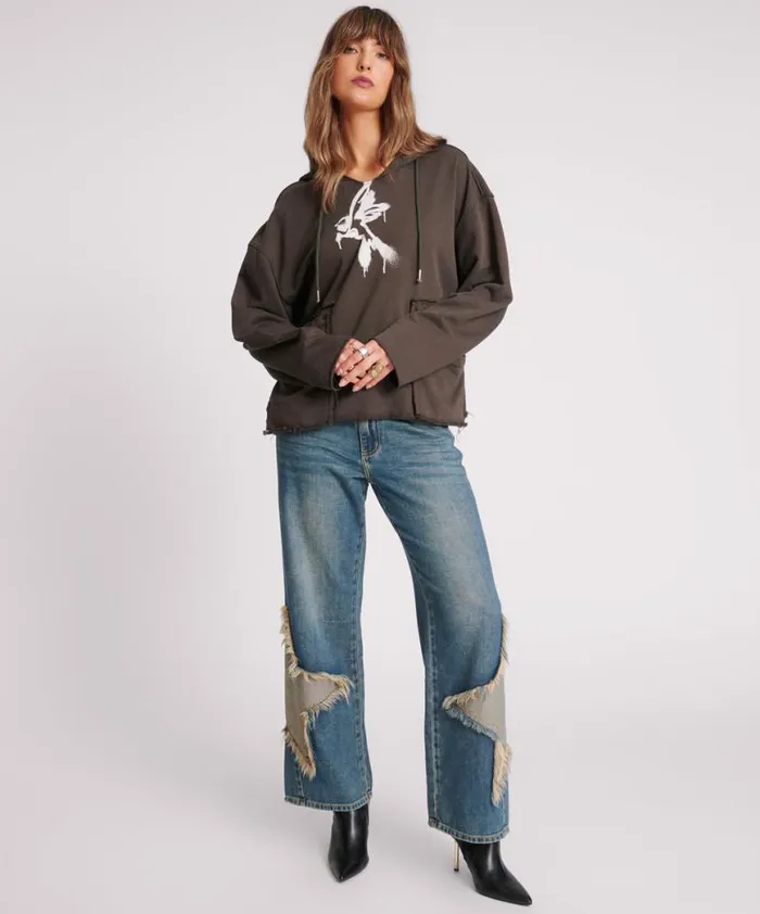 Women One Teaspoon Hoodies And Sweats GRAFFITI BIRD OVERSIZED POCKET HOODIE