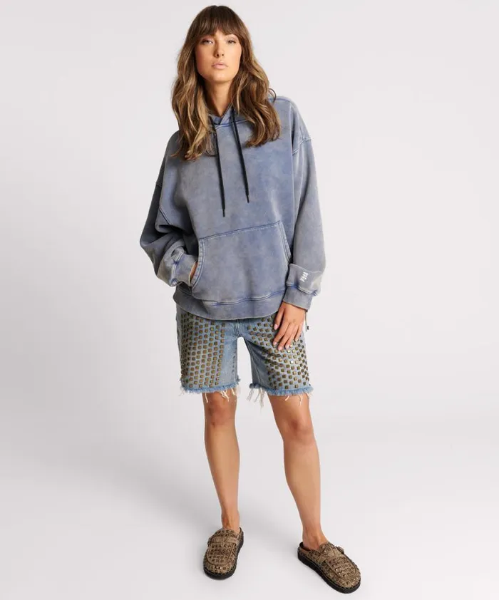 Women One Teaspoon Hoodies And Sweats WASHED BLUE SMILEY BATWING HOODY Women One Teaspoon Hoodies And Sweats WASHED BLUE SMILEY BATWING HOODY