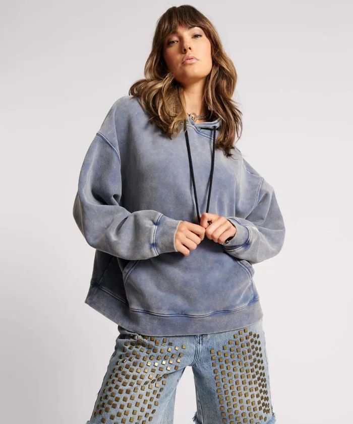 Women One Teaspoon Hoodies And Sweats WASHED BLUE SMILEY BATWING HOODY Women One Teaspoon Hoodies And Sweats WASHED BLUE SMILEY BATWING HOODY