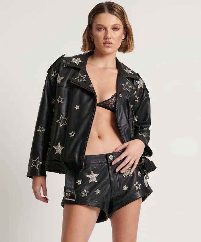 Women One Teaspoon Jackets ALL STAR HAND EMBELLISHED LEATHER JACKET