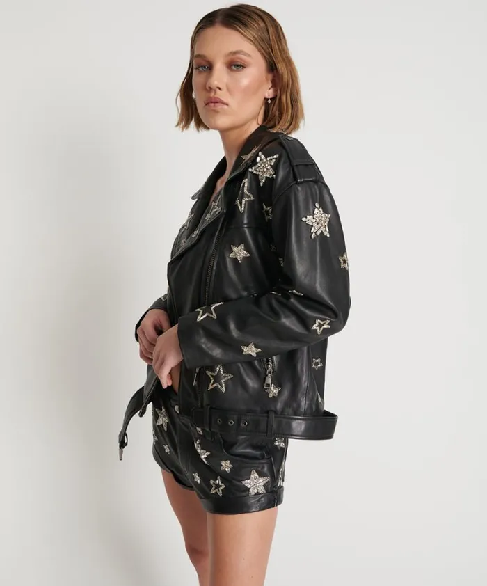 Women One Teaspoon Jackets ALL STAR HAND EMBELLISHED LEATHER JACKET Women One Teaspoon Jackets ALL STAR HAND EMBELLISHED LEATHER JACKET