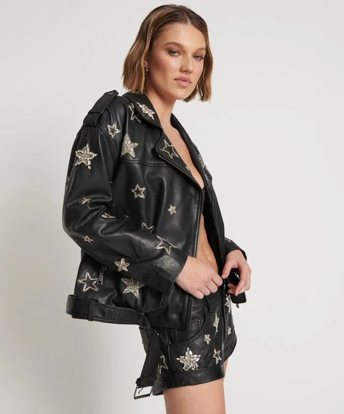 Women One Teaspoon Jackets ALL STAR HAND EMBELLISHED LEATHER JACKET Women One Teaspoon Jackets ALL STAR HAND EMBELLISHED LEATHER JACKET