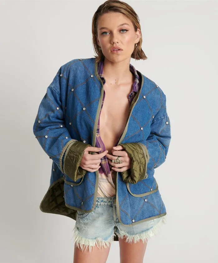 Women One Teaspoon Jackets BAY BLUE QUILTED CRYSTAL STUDDED JACKET