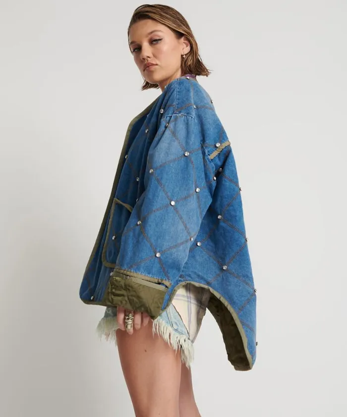 Women One Teaspoon Jackets BAY BLUE QUILTED CRYSTAL STUDDED JACKET Women One Teaspoon Jackets BAY BLUE QUILTED CRYSTAL STUDDED JACKET