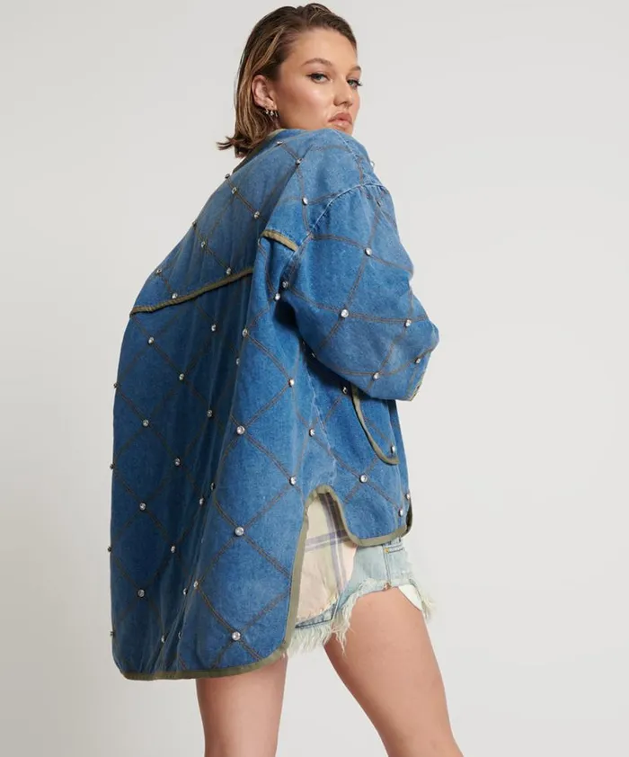 Women One Teaspoon Jackets BAY BLUE QUILTED CRYSTAL STUDDED JACKET Women One Teaspoon Jackets BAY BLUE QUILTED CRYSTAL STUDDED JACKET