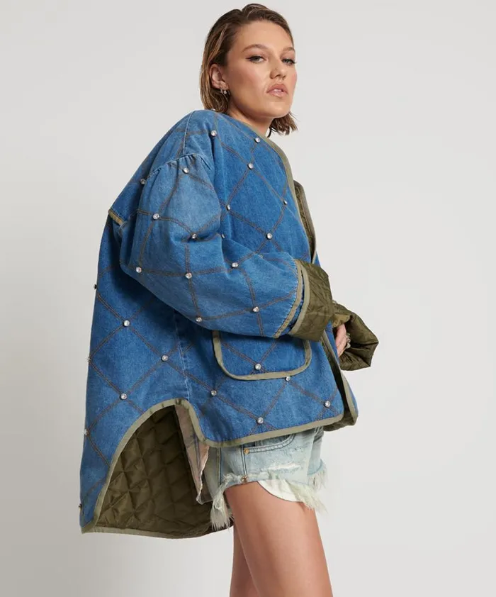 Women One Teaspoon Jackets BAY BLUE QUILTED CRYSTAL STUDDED JACKET Women One Teaspoon Jackets BAY BLUE QUILTED CRYSTAL STUDDED JACKET