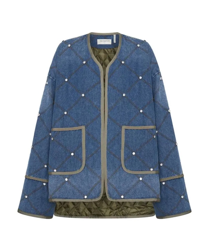 Women One Teaspoon Jackets BAY BLUE QUILTED CRYSTAL STUDDED JACKET Women One Teaspoon Jackets BAY BLUE QUILTED CRYSTAL STUDDED JACKET