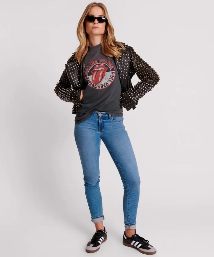 Women One Teaspoon Jackets BLACK HELLRAISER STUDDED CROP LEATHER MOTO JACKET