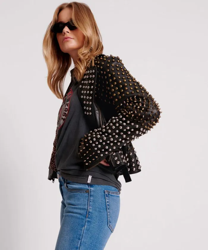 Women One Teaspoon Jackets BLACK HELLRAISER STUDDED CROP LEATHER MOTO JACKET Women One Teaspoon Jackets BLACK HELLRAISER STUDDED CROP LEATHER MOTO JACKET