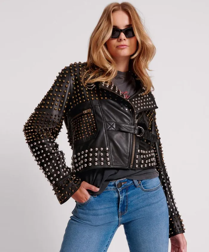 Women One Teaspoon Jackets BLACK HELLRAISER STUDDED CROP LEATHER MOTO JACKET Women One Teaspoon Jackets BLACK HELLRAISER STUDDED CROP LEATHER MOTO JACKET
