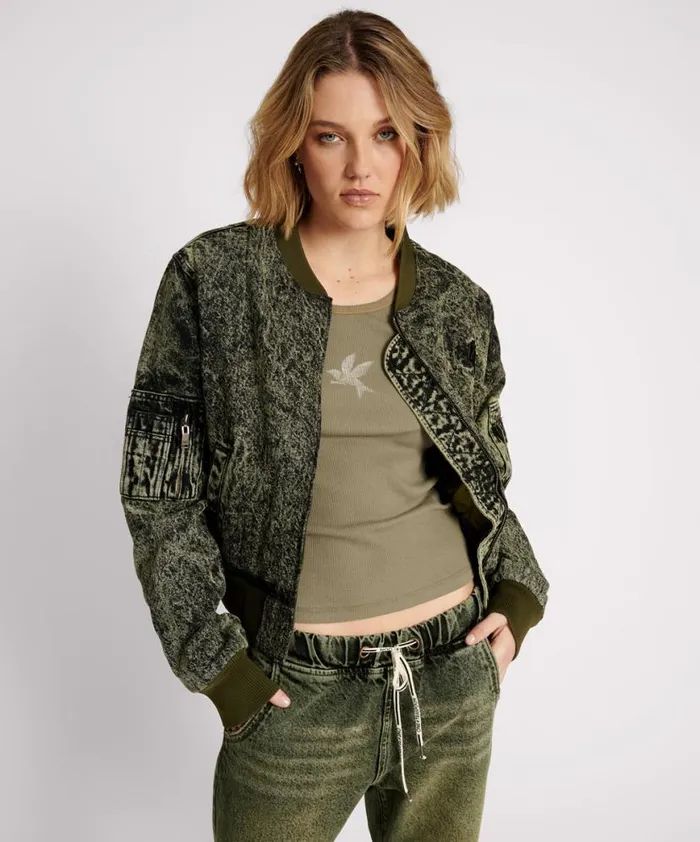 Women One Teaspoon Jackets BLACK KHAKI DENIM BOMBER JACKET