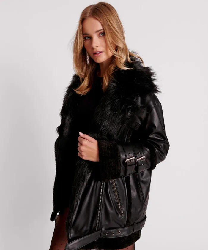 Women One Teaspoon Jackets BLACK LEATHER FAUX FUR AVIATOR JACKET