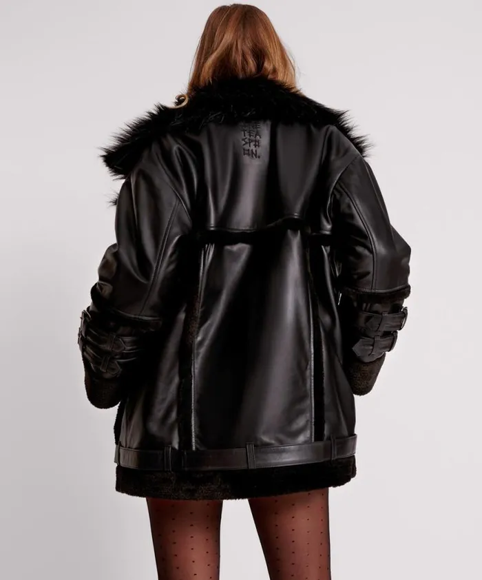 Women One Teaspoon Jackets BLACK LEATHER FAUX FUR AVIATOR JACKET Women One Teaspoon Jackets BLACK LEATHER FAUX FUR AVIATOR JACKET