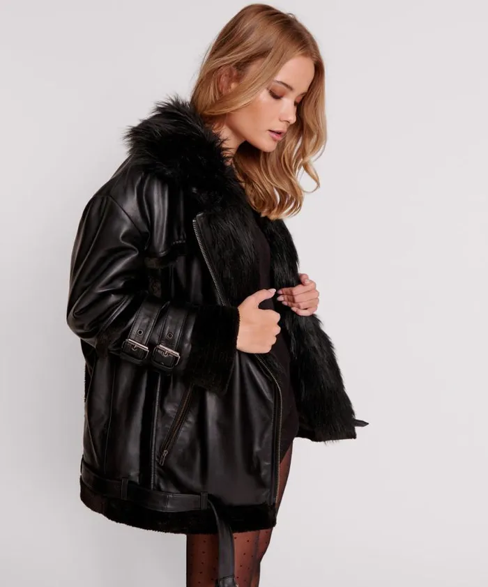 Women One Teaspoon Jackets BLACK LEATHER FAUX FUR AVIATOR JACKET Women One Teaspoon Jackets BLACK LEATHER FAUX FUR AVIATOR JACKET
