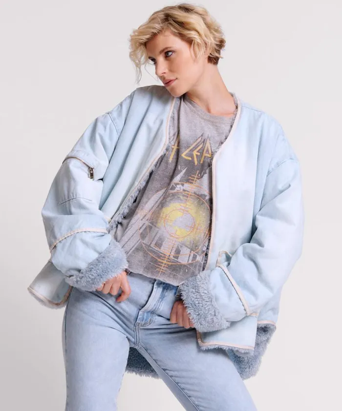 Women One Teaspoon Jackets BLUE SPACE TEDDY THROWOVER DENIM JACKET Women One Teaspoon Jackets BLUE SPACE TEDDY THROWOVER DENIM JACKET
