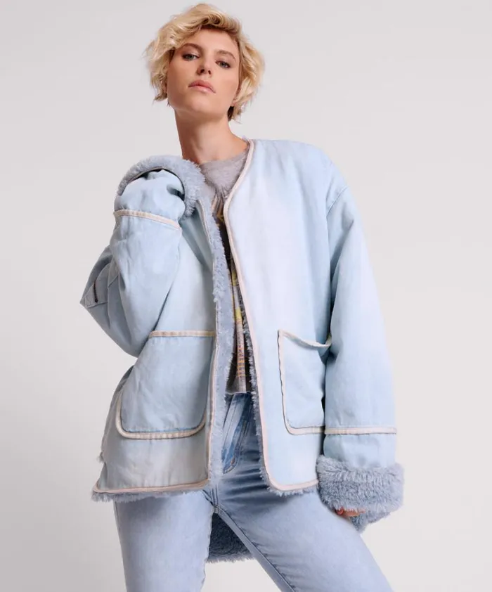 Women One Teaspoon Jackets BLUE SPACE TEDDY THROWOVER DENIM JACKET Women One Teaspoon Jackets BLUE SPACE TEDDY THROWOVER DENIM JACKET