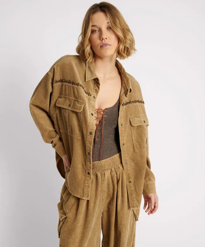 Women One Teaspoon Jackets CAMEL CORDRUOY STUDDED DARIA SHACKET