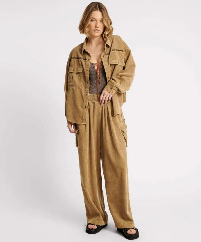 Women One Teaspoon Jackets CAMEL CORDRUOY STUDDED DARIA SHACKET Women One Teaspoon Jackets CAMEL CORDRUOY STUDDED DARIA SHACKET