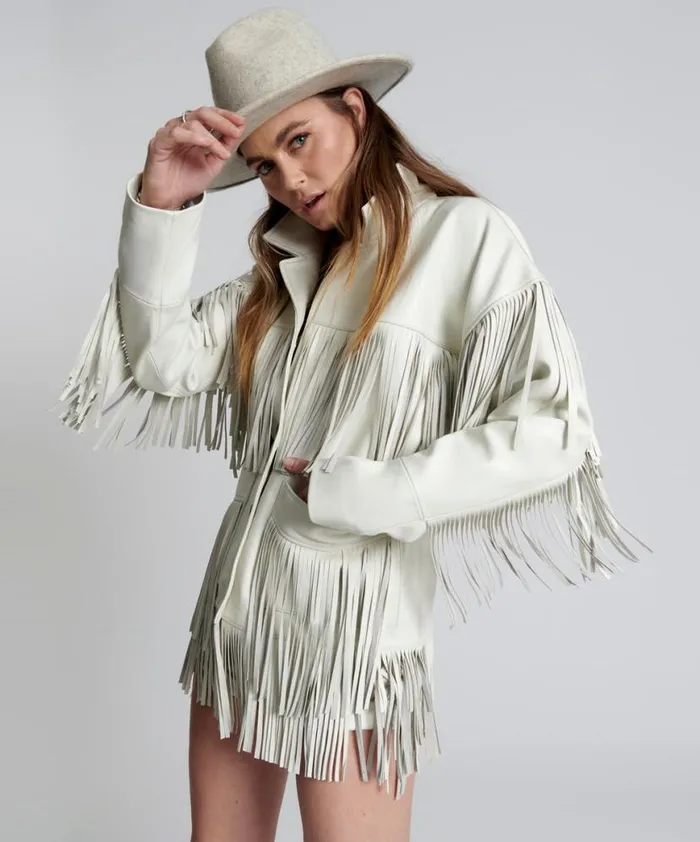Women One Teaspoon Jackets CHAOS WALKING FRINGED LEATHER JACKET