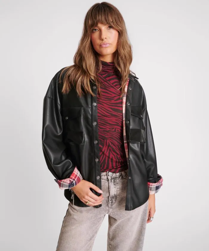 Women One Teaspoon Jackets DARIA FAUX LEATHER FLANNEL SHACKET