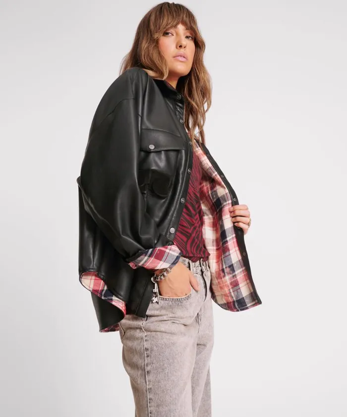 Women One Teaspoon Jackets DARIA FAUX LEATHER FLANNEL SHACKET