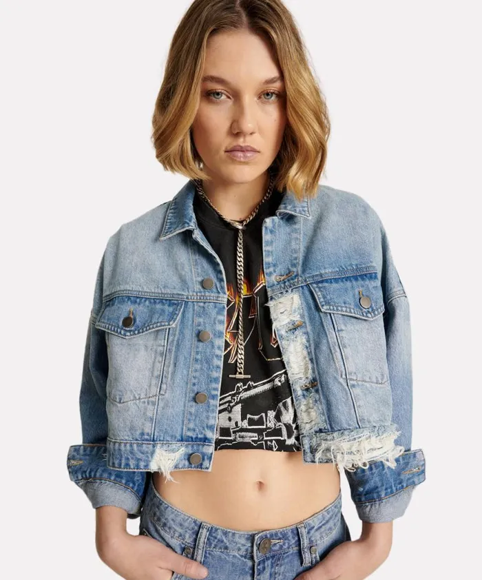 Women One Teaspoon Jackets EAGLE STUDDED CROPPED DENIM JACKET