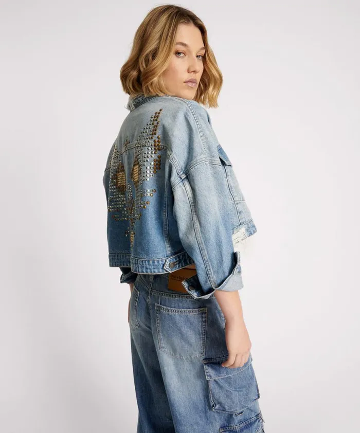 Women One Teaspoon Jackets EAGLE STUDDED CROPPED DENIM JACKET Women One Teaspoon Jackets EAGLE STUDDED CROPPED DENIM JACKET