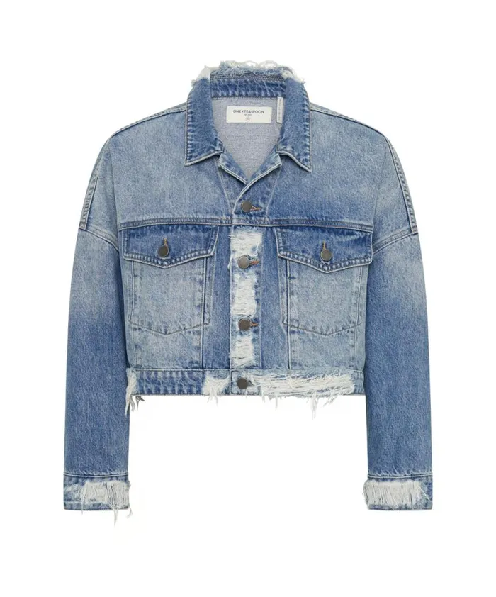 Women One Teaspoon Jackets EAGLE STUDDED CROPPED DENIM JACKET Women One Teaspoon Jackets EAGLE STUDDED CROPPED DENIM JACKET
