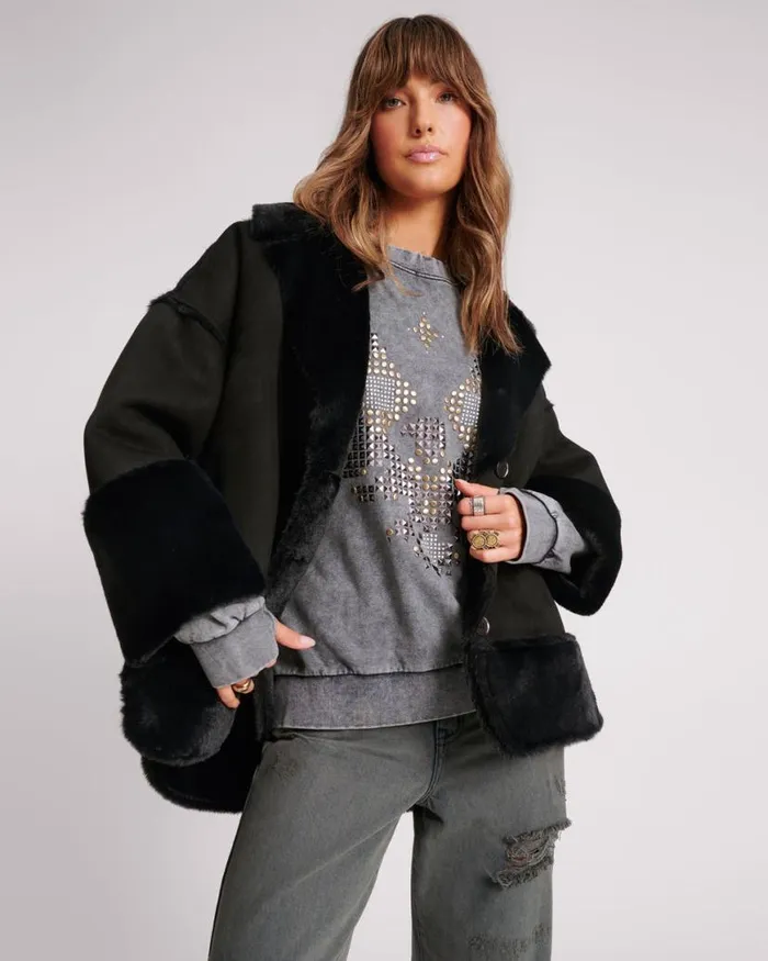 Women One Teaspoon Jackets FAUX SHEARLING AVIATOR COAT