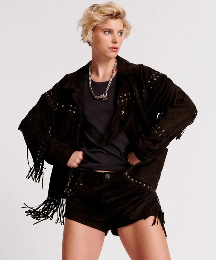 Women One Teaspoon Jackets GOTHIC RODEO FRINGED SUEDE STUDDED JACKET