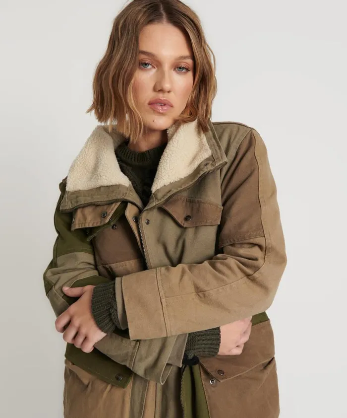 Women One Teaspoon Jackets KHAKI PATCHWORKED DEFENDER COAT