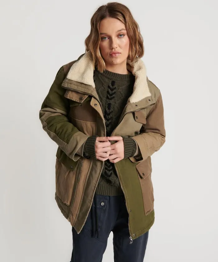 Women One Teaspoon Jackets KHAKI PATCHWORKED DEFENDER COAT Women One Teaspoon Jackets KHAKI PATCHWORKED DEFENDER COAT