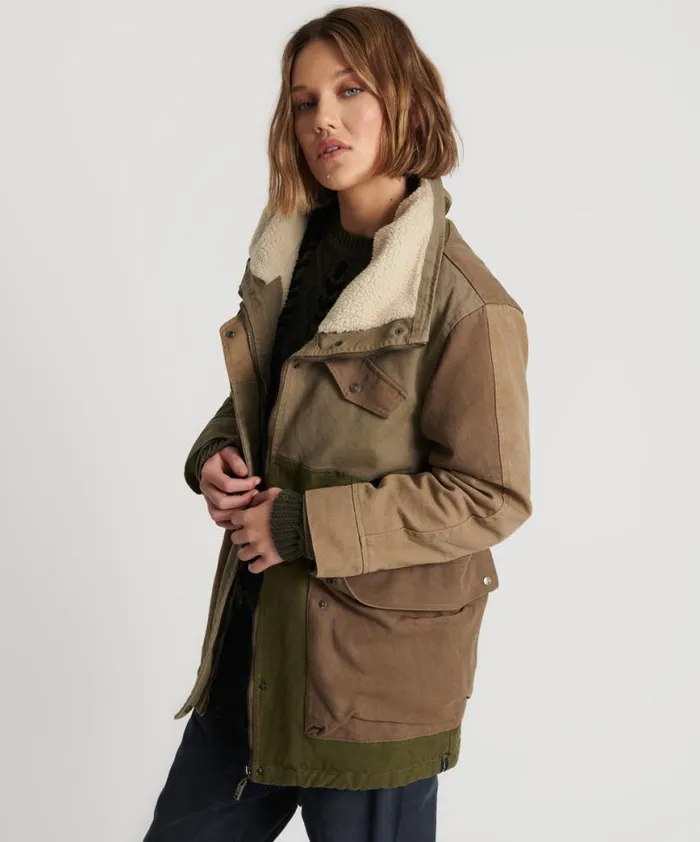 Women One Teaspoon Jackets KHAKI PATCHWORKED DEFENDER COAT Women One Teaspoon Jackets KHAKI PATCHWORKED DEFENDER COAT
