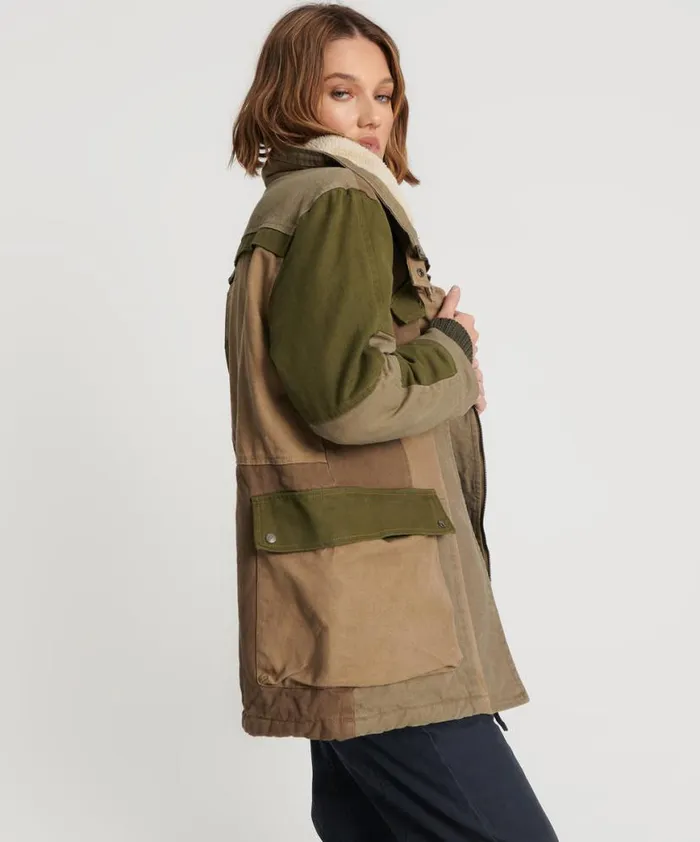 Women One Teaspoon Jackets KHAKI PATCHWORKED DEFENDER COAT Women One Teaspoon Jackets KHAKI PATCHWORKED DEFENDER COAT