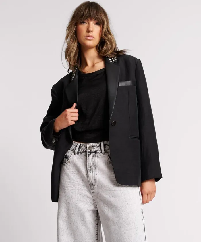 Women One Teaspoon Jackets PUNK STUDDED LINEN BLAZER