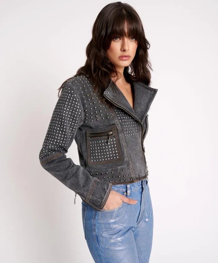 Women One Teaspoon Jackets REBEL REBEL STUDDED DENIM JACKET