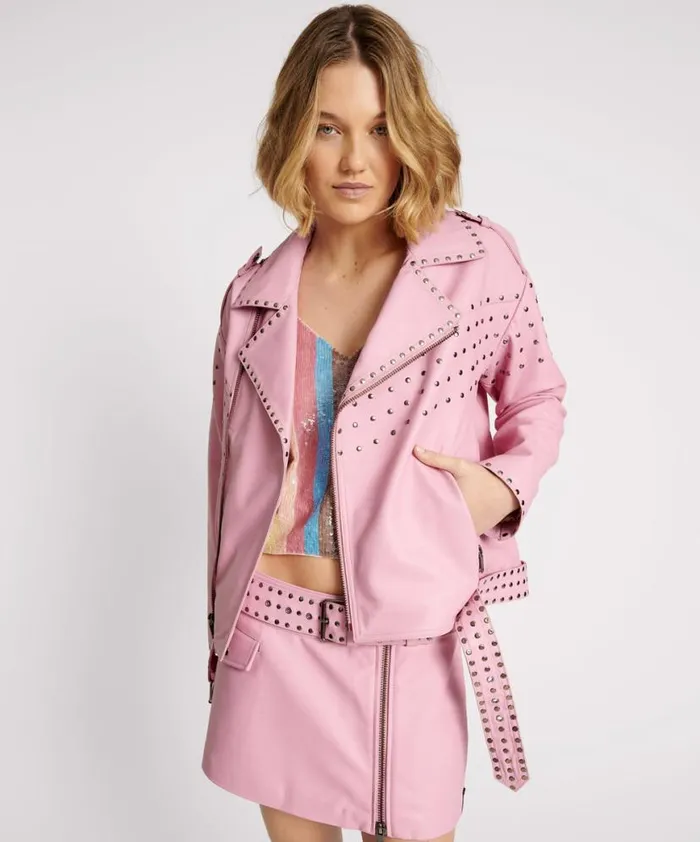 Women One Teaspoon Jackets RIZZO PINK STUDDED LEATHER MOTO JACKET Women One Teaspoon Jackets RIZZO PINK STUDDED LEATHER MOTO JACKET