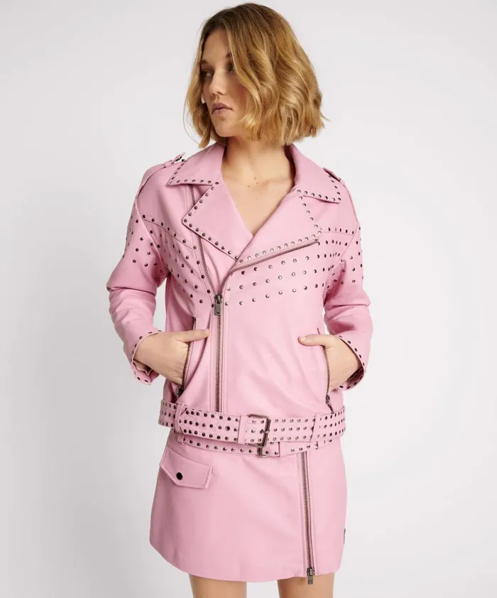 Women One Teaspoon Jackets RIZZO PINK STUDDED LEATHER MOTO JACKET Women One Teaspoon Jackets RIZZO PINK STUDDED LEATHER MOTO JACKET