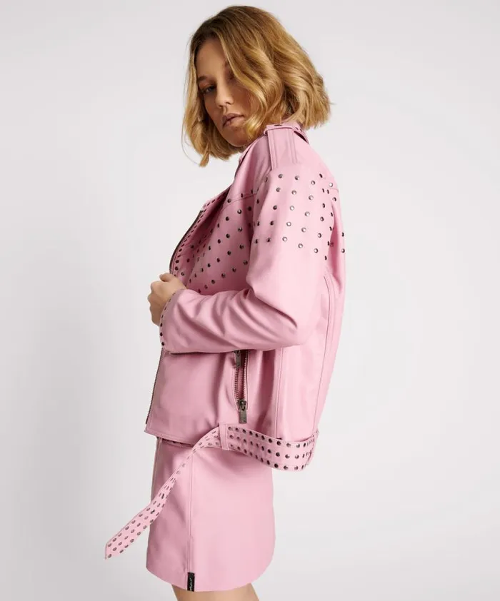 Women One Teaspoon Jackets RIZZO PINK STUDDED LEATHER MOTO JACKET Women One Teaspoon Jackets RIZZO PINK STUDDED LEATHER MOTO JACKET