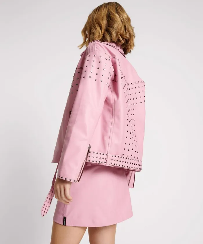 Women One Teaspoon Jackets RIZZO PINK STUDDED LEATHER MOTO JACKET Women One Teaspoon Jackets RIZZO PINK STUDDED LEATHER MOTO JACKET