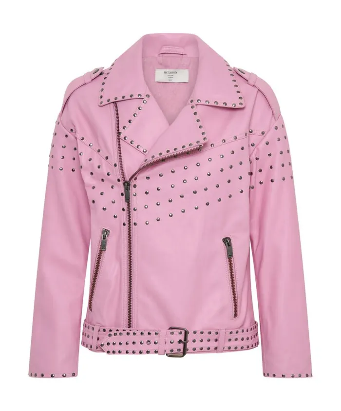 Women One Teaspoon Jackets RIZZO PINK STUDDED LEATHER MOTO JACKET Women One Teaspoon Jackets RIZZO PINK STUDDED LEATHER MOTO JACKET