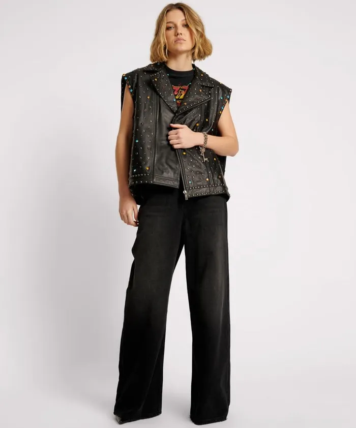 Women One Teaspoon Jackets STUDDED JEWEL LEATHER EAGLE PUNK SLEEVELESS JACKET