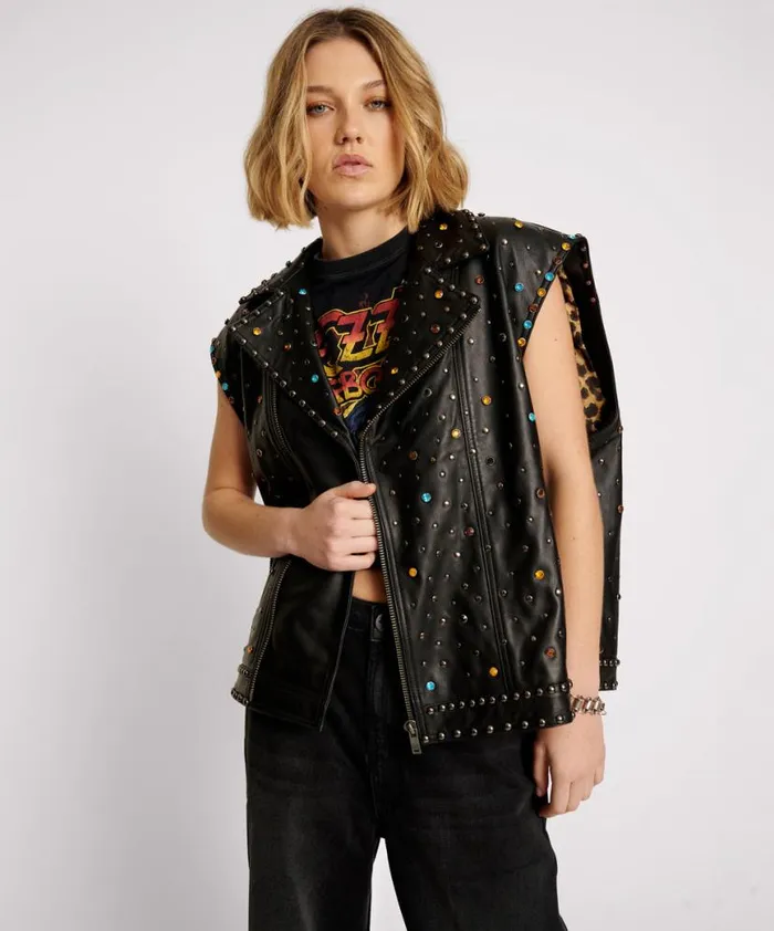 Women One Teaspoon Jackets STUDDED JEWEL LEATHER EAGLE PUNK SLEEVELESS JACKET Women One Teaspoon Jackets STUDDED JEWEL LEATHER EAGLE PUNK SLEEVELESS JACKET